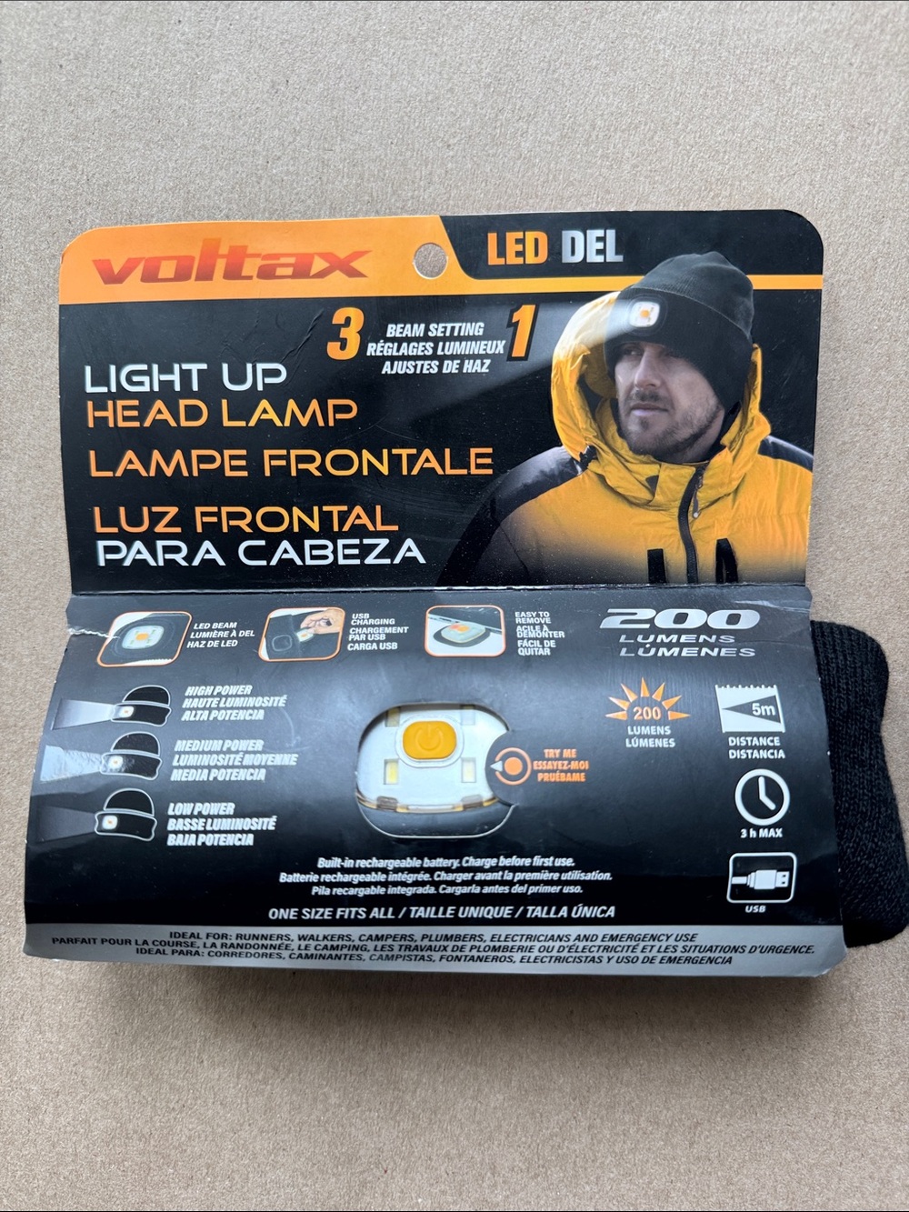 NWT LED Light Up Head Lamp Unisex - 200 Lumens Yellow/Black hat